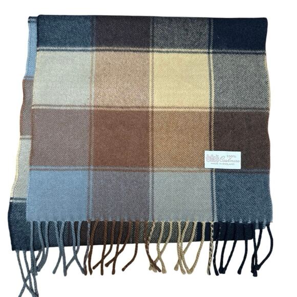 100% Cashmere Scarf Pashmina Blue Brown Plaid 62” x 12” Soft Luxury 3” fringe - Picture 2 of 4